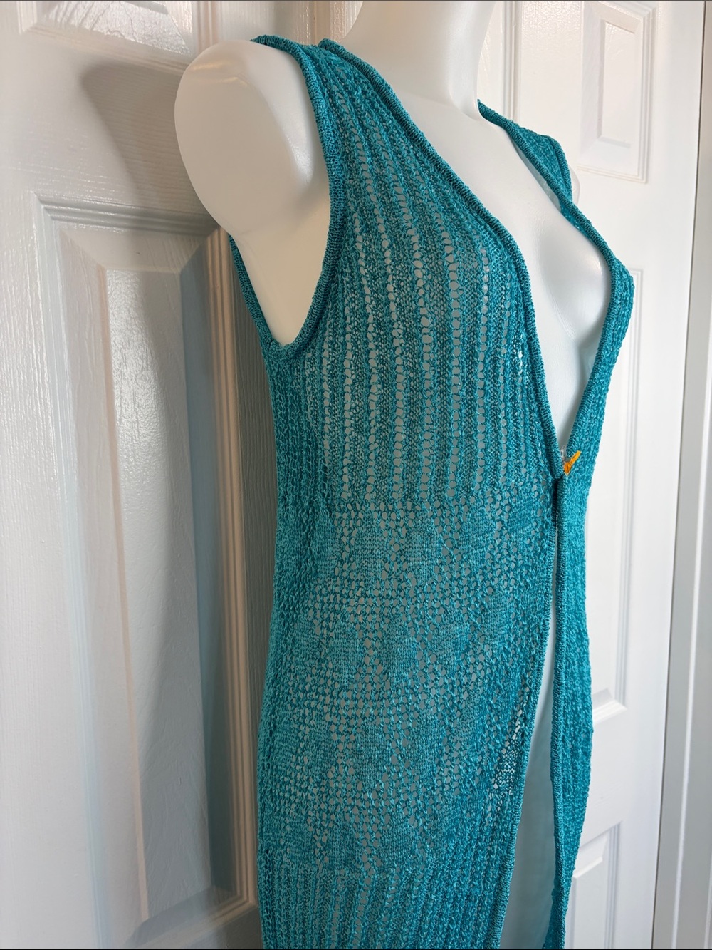 Say What? Teal Open-Knit Fringe Cocoon Style Long Vest Coastal Glam Resort Sz L